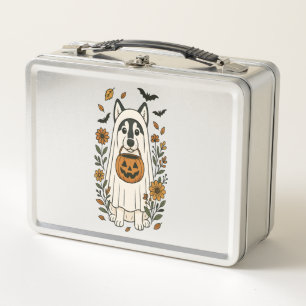 Halloween Siberian Husky Flowers Metal Lunch Box