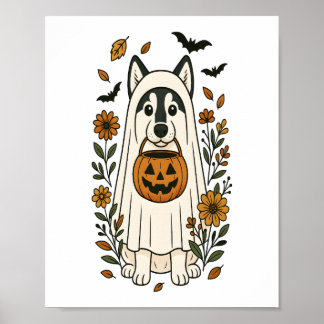 Halloween Siberian Husky Flowers Poster