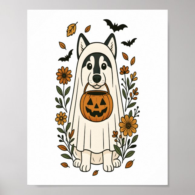 Halloween Siberian Husky Flowers Poster (Front)