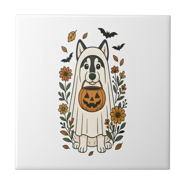 Halloween Siberian Husky Flowers Tile (Front)