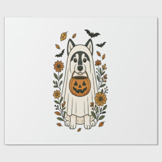 Halloween Siberian Husky Flowers Wrapping Paper