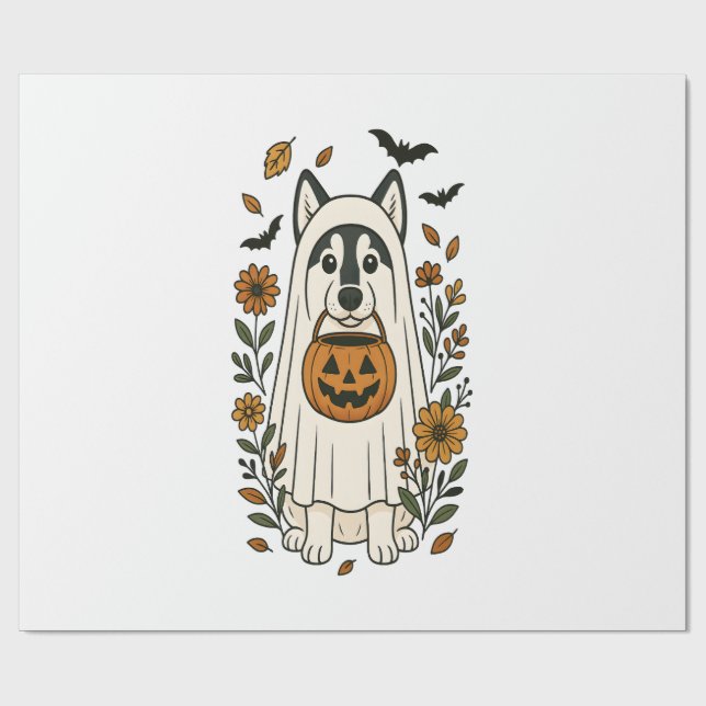 Halloween Siberian Husky Flowers Wrapping Paper (Flat)