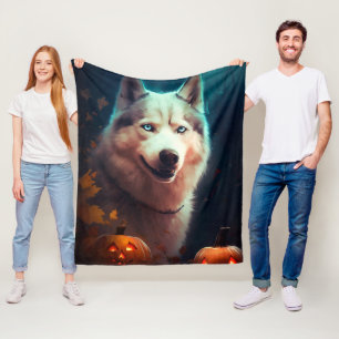 Halloween Siberian Husky With Pumpkins Scary  Fleece Blanket