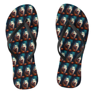 Halloween Siberian Husky With Pumpkins Scary Flip Flops