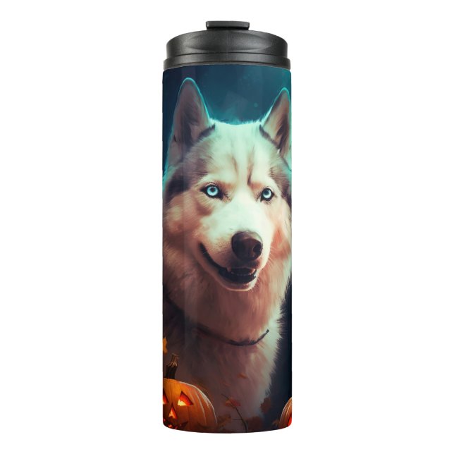 Halloween Siberian Husky With Pumpkins Scary  Thermal Tumbler (Front)