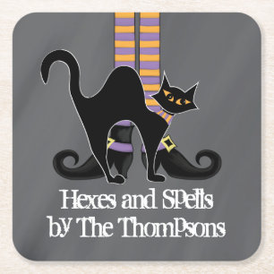 Halloween Simple Whimsical Witch Shoes Black Cat Square Paper Coaster
