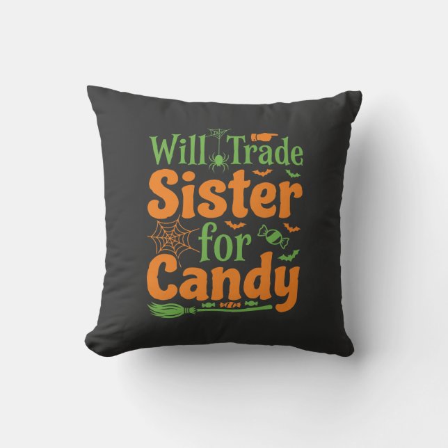 Halloween Sister Candy Trade Design_1 Throw Pillow (Front)