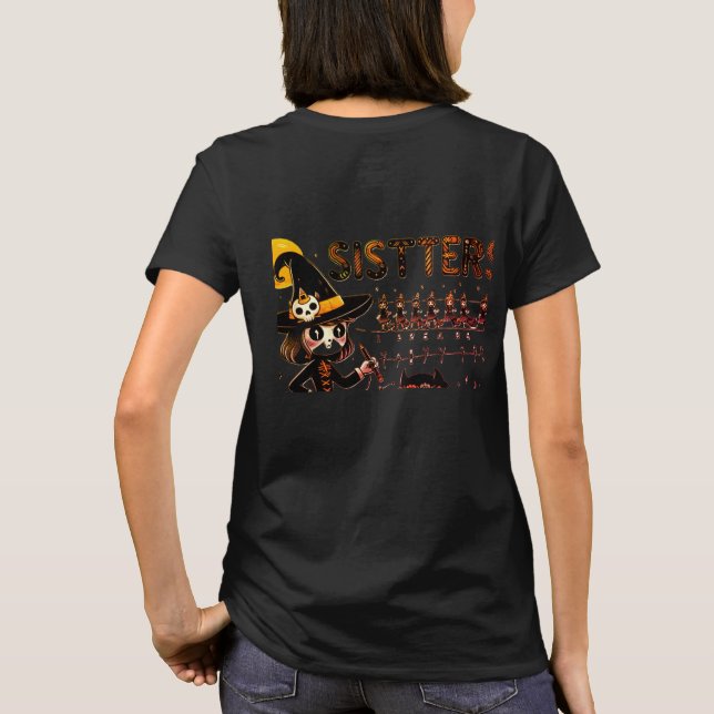 "Halloween Sisters - Spooky Writing Practice" T-Shirt (Back)