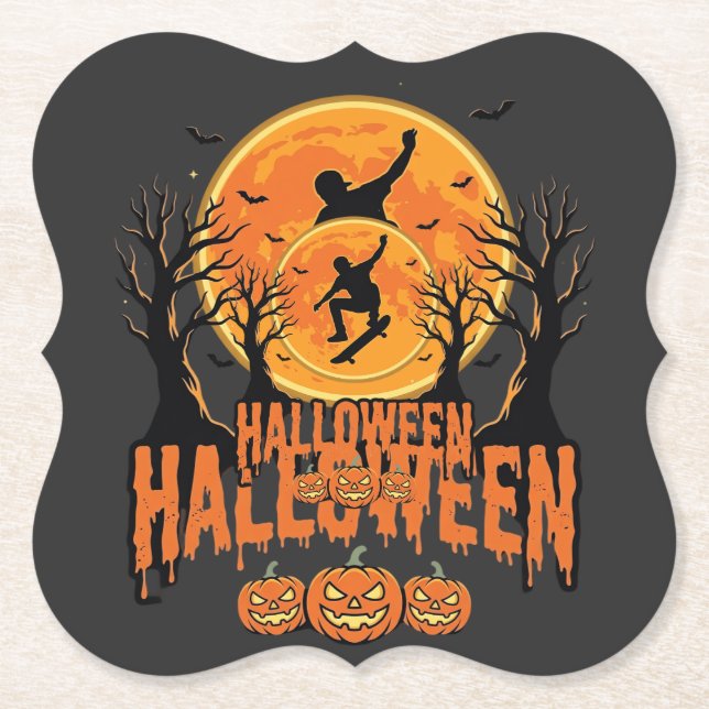 Halloween Skateboard Moon Design Halloween Paper Coaster (Front)