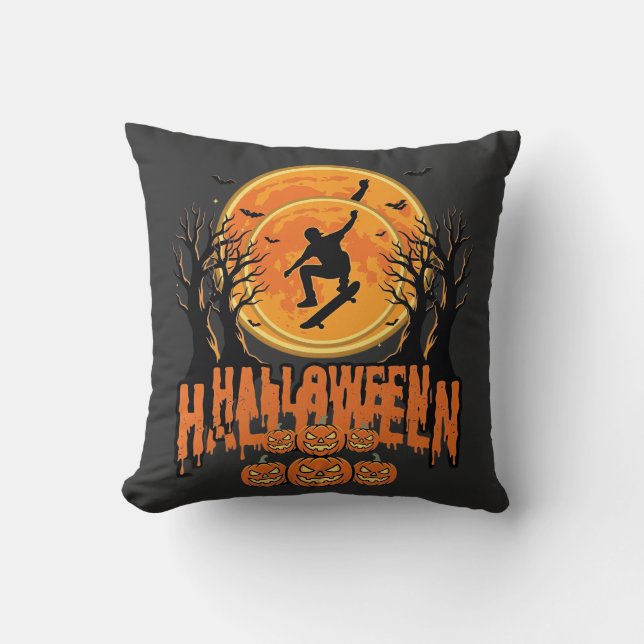 Halloween Skateboard Moon Design Halloween Throw Pillow (Front)