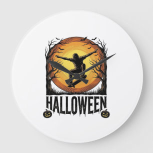 Halloween Skateboard Moon Vintage Vector Design_1 Large Clock