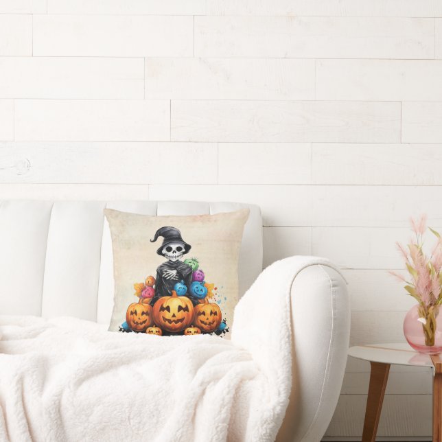 Halloween Skeleton and Pumpkin Throw Pillow (Couch)