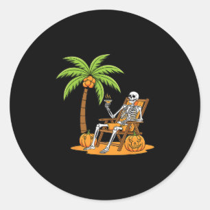 Halloween Skeleton Beach Vacation Palm Tree Pumpki Classic Round Sticker