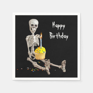Halloween Skeleton Birthday Cupcake On Black Napkin