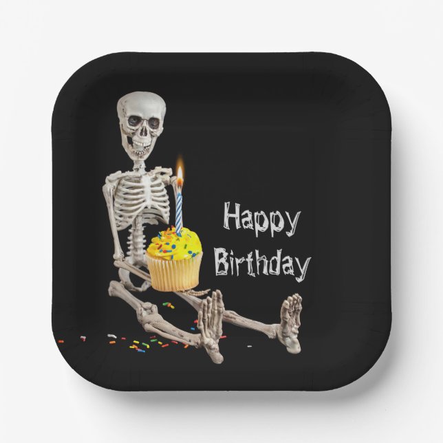 Halloween Skeleton Birthday On Black Paper Plate (Front)