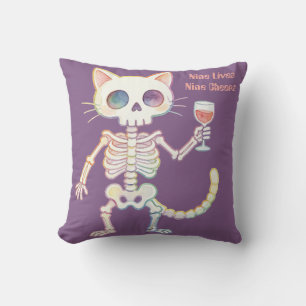 Halloween Skeleton Cat Nine Lives Nine Cheers Throw Pillow