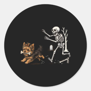 Halloween Skeleton Chasing Yorkie Dog Spooky Pet Classic Round Sticker
