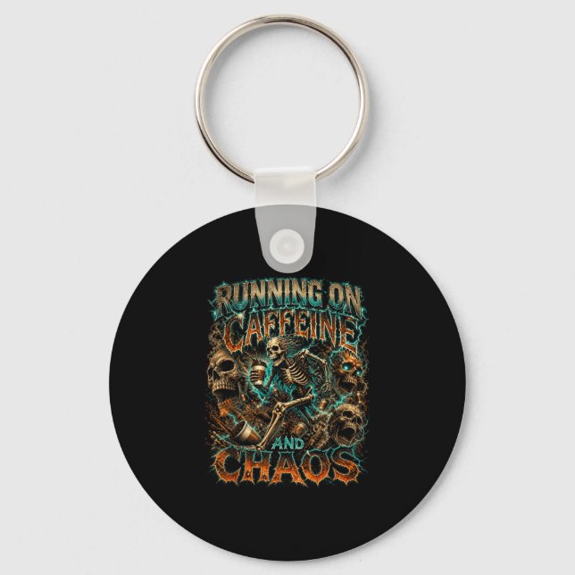 Halloween skeleton coffee running on caffeine keychain (Front)