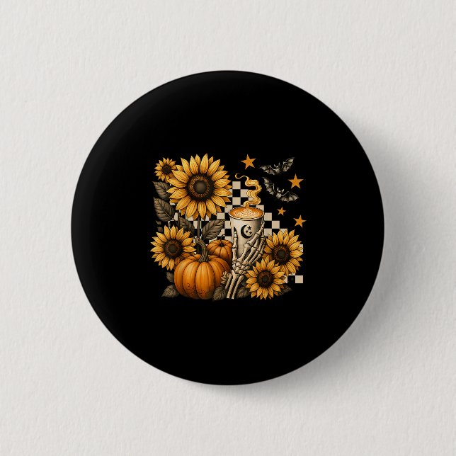 Halloween Skeleton Coffee, Soky Sunflowers Pumpkin 2 Inch Round Button (Front)