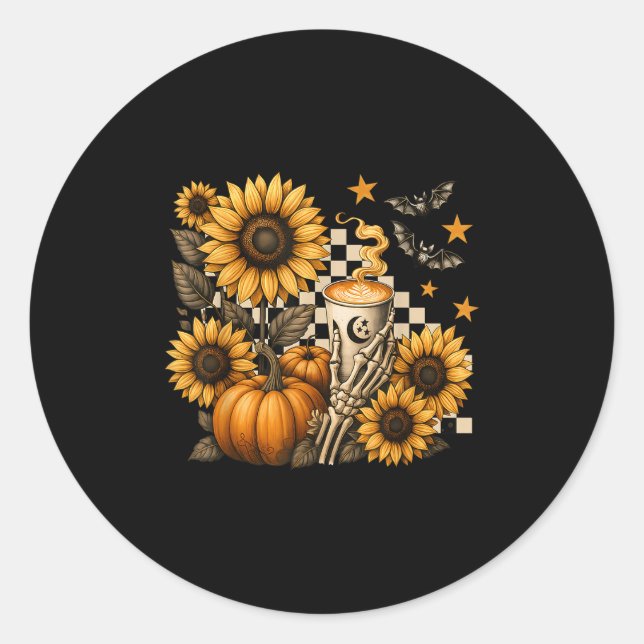 Halloween Skeleton Coffee, Soky Sunflowers Pumpkin Classic Round Sticker (Front)