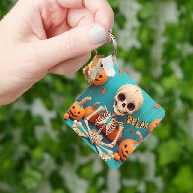 Halloween Skeleton Cute Pumpkin Orange Cyan Text Keychain (Hand)