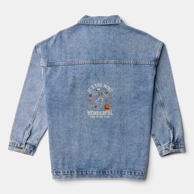 Halloween Skeleton Dance Pumpkin Fall Denim Jacket (Back)
