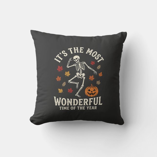 Halloween Skeleton Dance Pumpkin Fall Throw Pillow (Front)