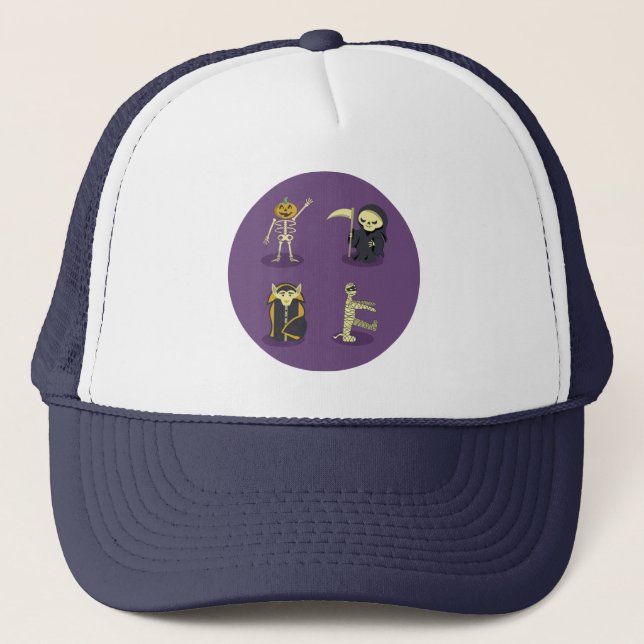 Halloween Skeleton Dracula Mummy Grim Reaper Trucker Hat (Front)