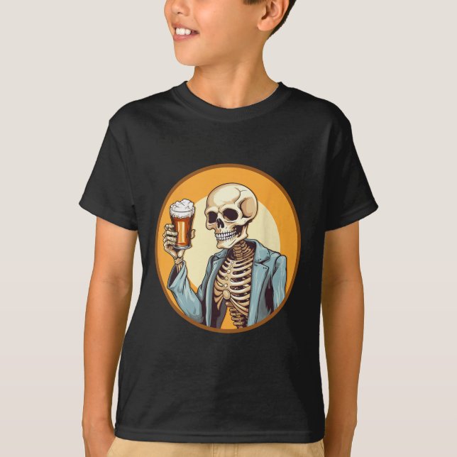 Halloween Skeleton Drinking Beer  T-Shirt (Front)