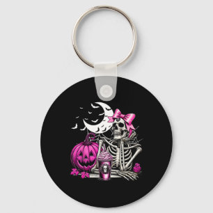 Halloween Skeleton Drinking Coffee Pink Coquette B Keychain