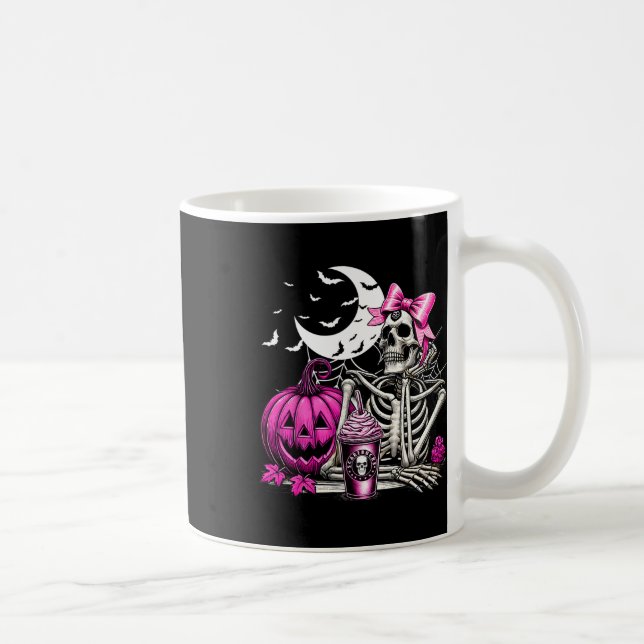 Halloween Skeleton Drinking Coffee Pink Coquette B Mug (Right)