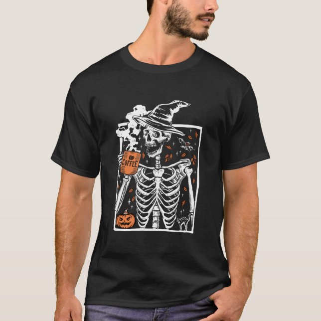 Halloween Skeleton Drinking Coffee Smiling Skull T-Shirt (Front)