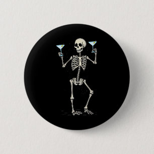Halloween Skeleton Drinking Martini Tail 2 Inch Round Button
