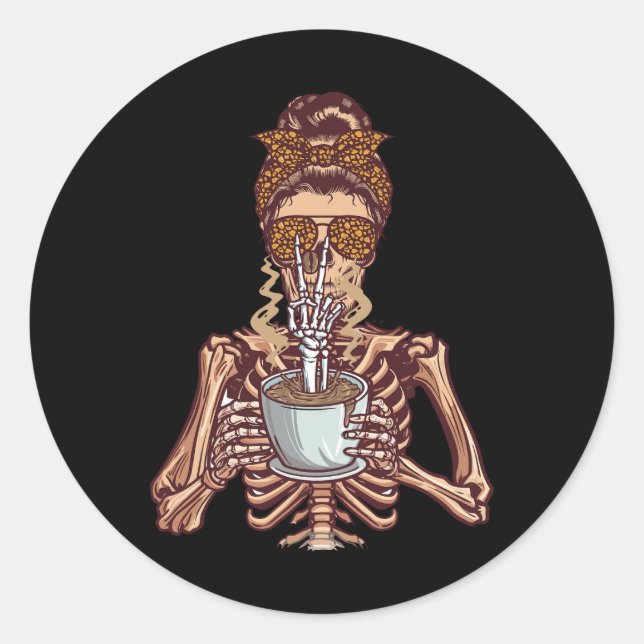 Halloween Skeleton Enjoying Coffee Messy Bun Horro Classic Round Sticker (Front)