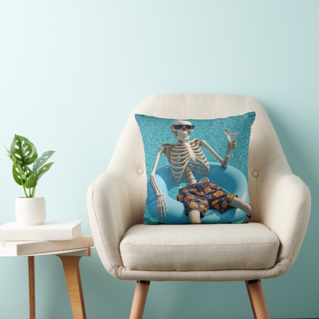 Halloween Skeleton Floating in a Swimming Pool Throw Pillow (Chair)