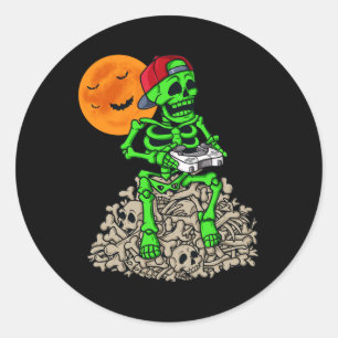 Halloween Skeleton Gamer Boys Kids Teens Gaming  Classic Round Sticker