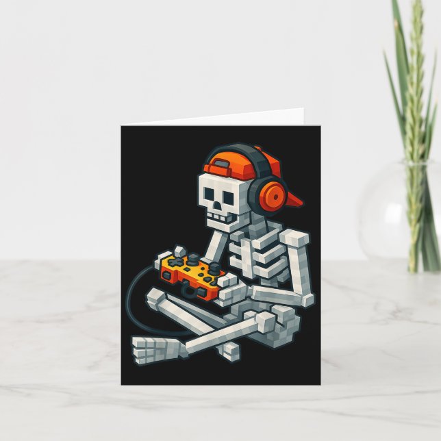 Halloween Skeleton Gamer Pixel Video Gaming Boys M Card (Front)