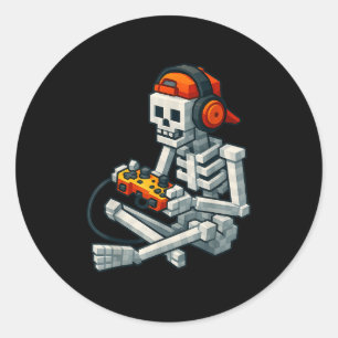 Halloween Skeleton Gamer Pixel Video Gaming Boys M Classic Round Sticker