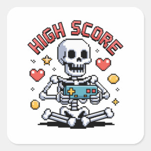 Halloween Skeleton Gamer Pixel Video Gaming Square Sticker