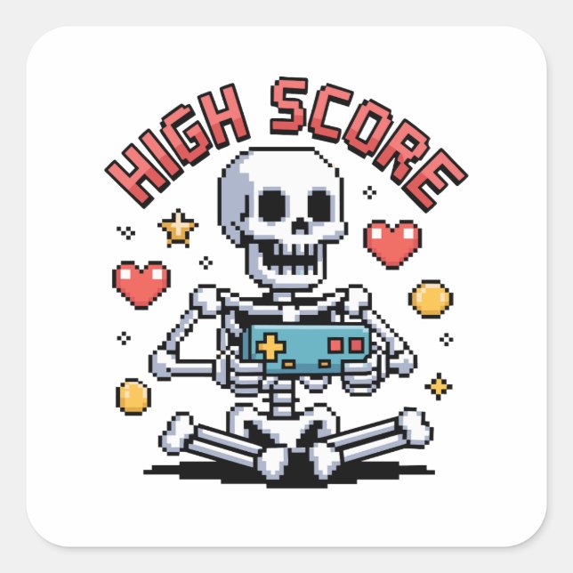 Halloween Skeleton Gamer Pixel Video Gaming Square Sticker (Front)