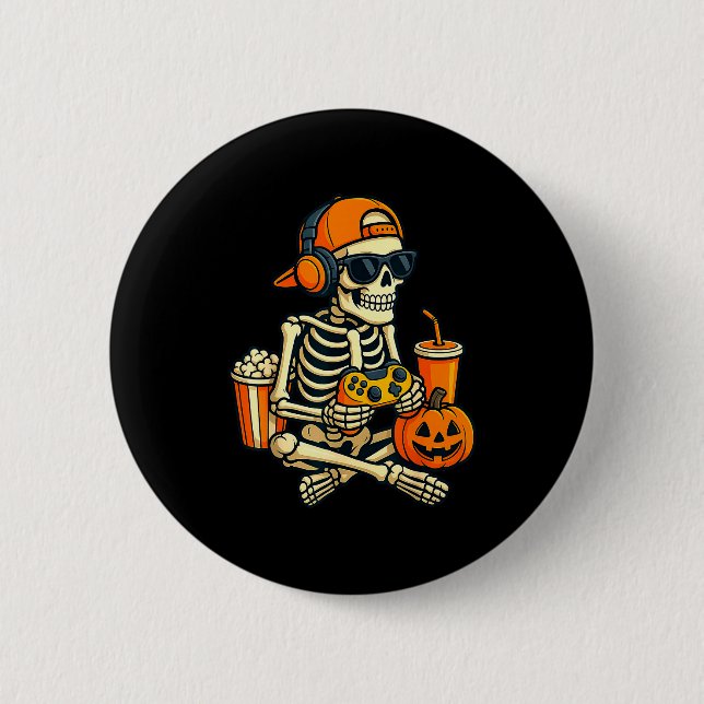 Halloween Skeleton Gamer Video Gaming Boys Men Kid 2 Inch Round Button (Front)