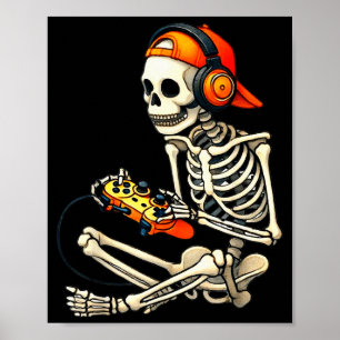 Halloween Skeleton Gamer Video Gaming Boys Men Kid Poster