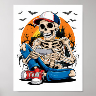 Halloween Skeleton Gamer Video Gaming Boys Men Kid Poster