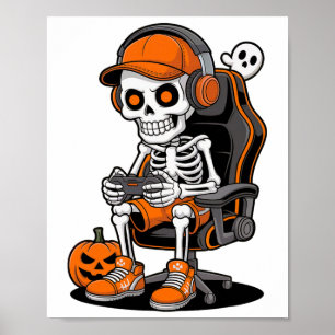 Halloween Skeleton Gamer Video Gaming Boys Men Kid Poster