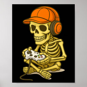 Halloween Skeleton Gamer Video Gaming Boys Men Kid Poster