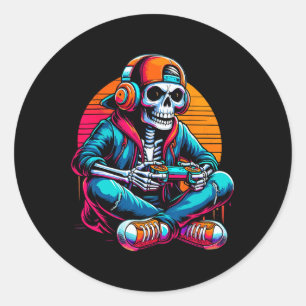 Halloween Skeleton Gamer Video Gaming Classic Round Sticker