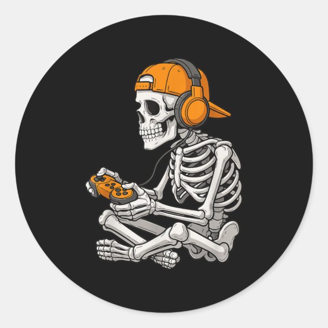 Halloween Skeleton Gamer Video Gaming Funny Skelet Classic Round Sticker (Front)