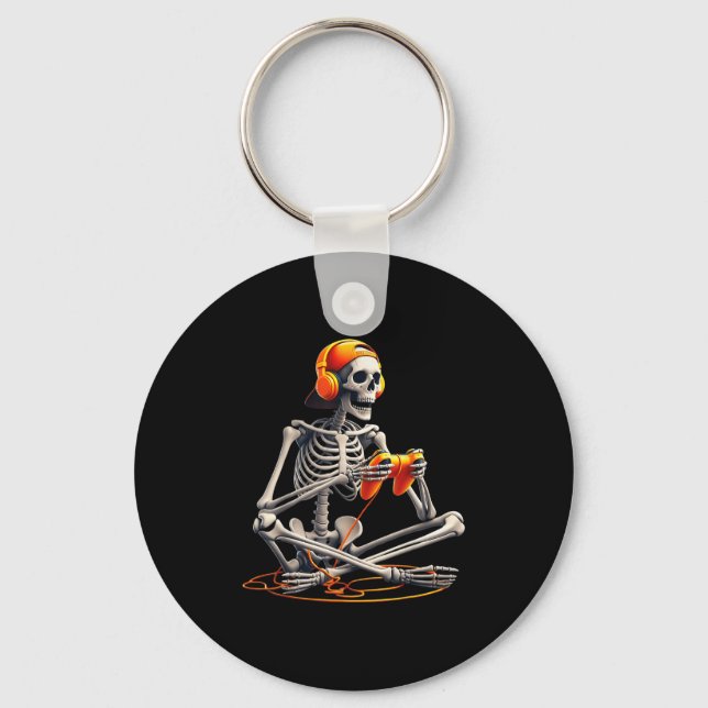 Halloween Skeleton Gamer Video Gaming Funny Skelet Keychain (Front)