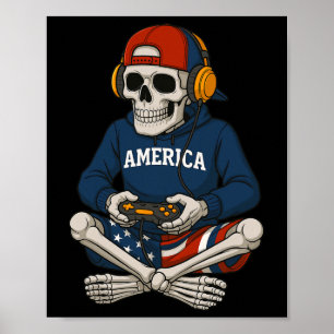 Halloween Skeleton Gamer Video Gaming Funny Skelet Poster