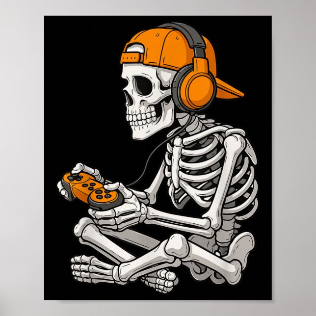 Halloween Skeleton Gamer Video Gaming Funny Skelet Poster (Front)